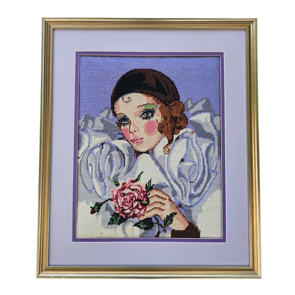 Collection D'Art Needlepoint Young Lady Pierrot With Rose 23"x27" Framed 11307